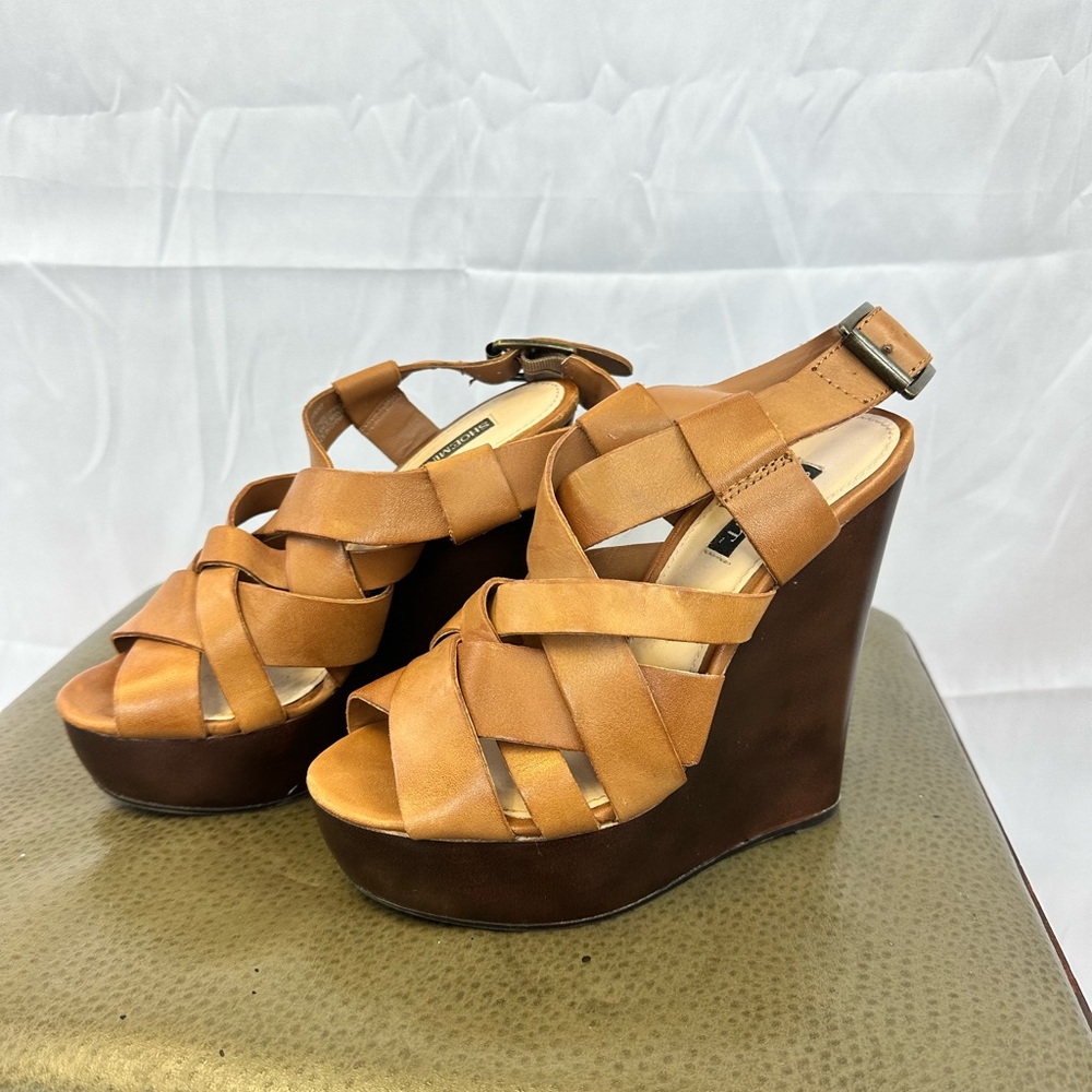 Shoemint Cognac Leather Open Weave Platform Sanda… - image 2